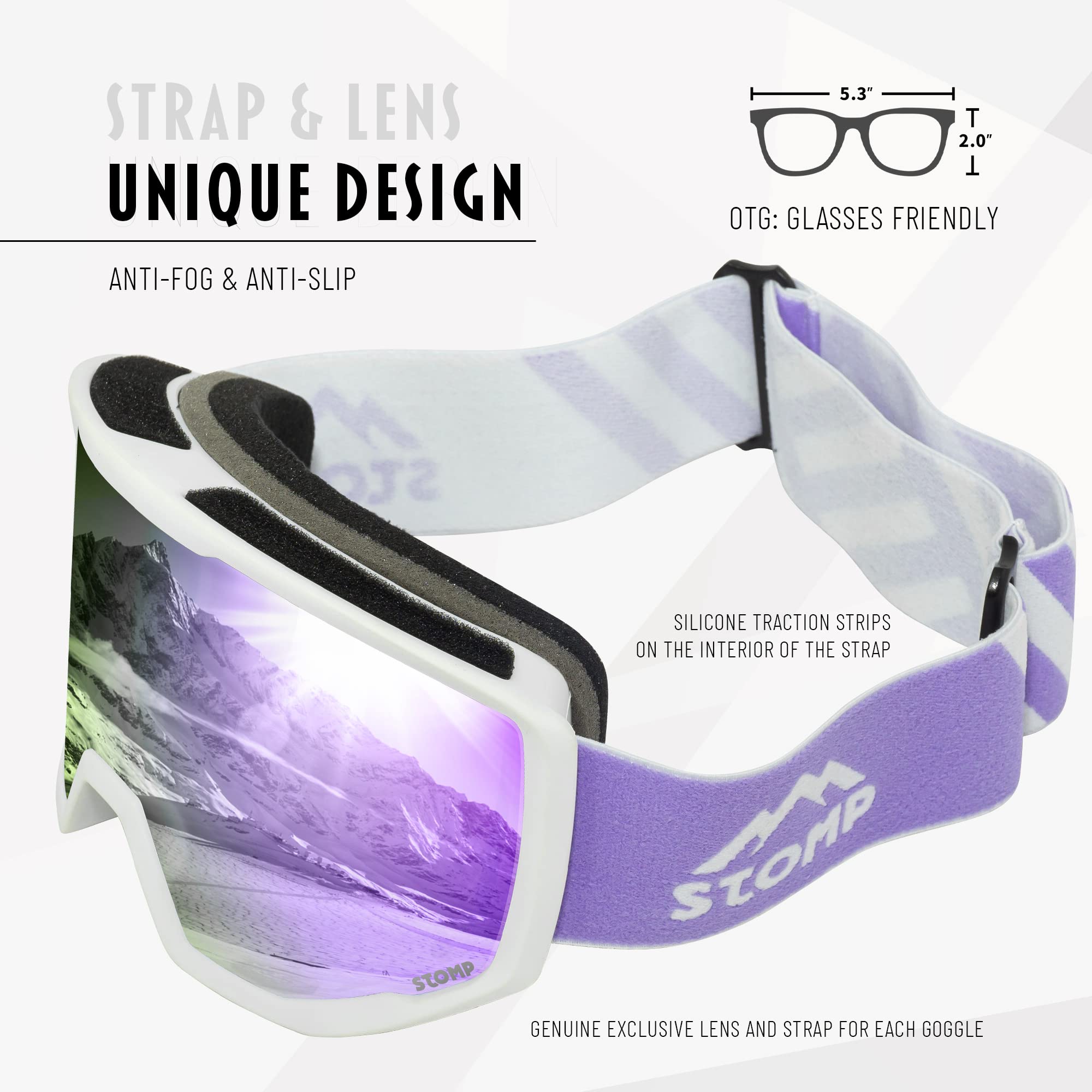 STOMP Ski/Snowboarding Goggles 100% UV400 Protection Replaceable Lens/Straps Goggle for Men, Women & Youth (White Frame/Purple Lens VLT 12%)