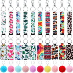 Junkin 40 Pcs Lipstick Holder Keychain Clip on Lipstick Pouch Fluffy Ball Keychain with Keyring (Multiple Style)