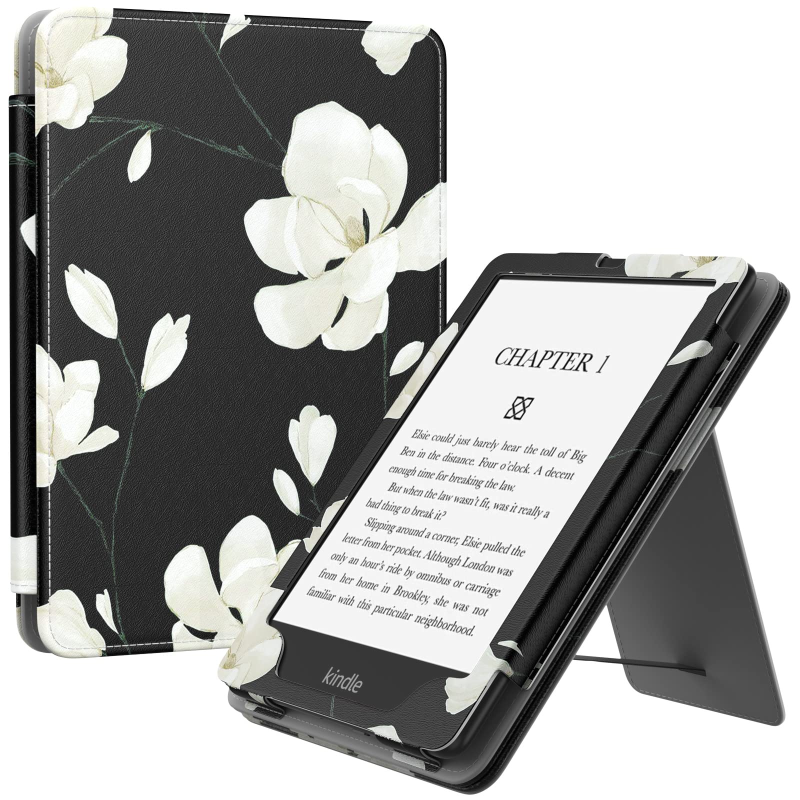 MoKo Case for 6.8" Kindle Paperwhite (11th Gen 2021) and Kindle Paperwhite Signature Edition, Slim PU Shell Cover Case with Auto-Wake/Sleep for Kindle Paperwhite 2021 E-Reader, Black & White Magnolia