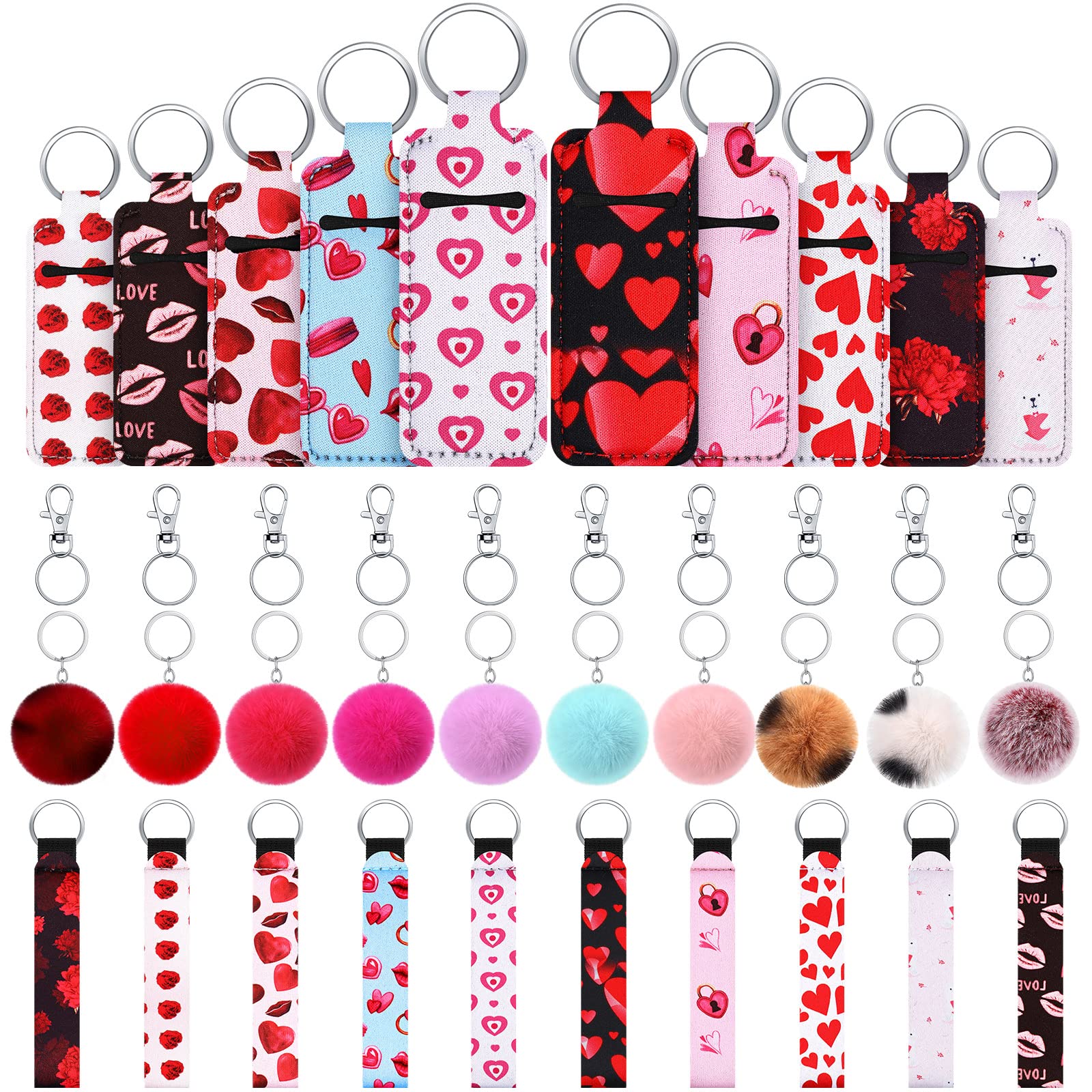 Junkin 40 Pcs Lipstick Holder Keychain Lip Holder Keychain Clip on Lipstick Pouch Fluffy Ball Keychain with Keyring (Heart Style)