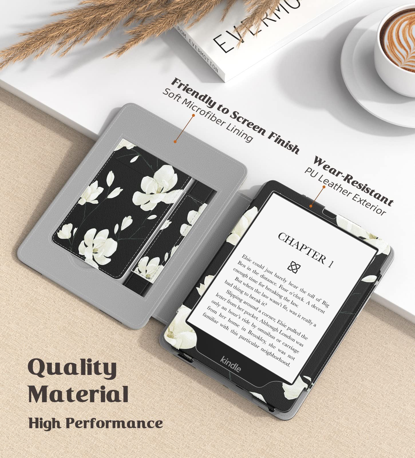 MoKo Case for 6.8" Kindle Paperwhite (11th Gen 2021) and Kindle Paperwhite Signature Edition, Slim PU Shell Cover Case with Auto-Wake/Sleep for Kindle Paperwhite 2021 E-Reader, Black & White Magnolia