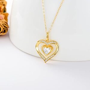 14K Solid Gold Heart Necklace for Women, "Forever Love In My Heart" Real Yellow Gold Love Heart Pendant Delicate Jewelry Gifts for Mom, Wife, 16-18 inch