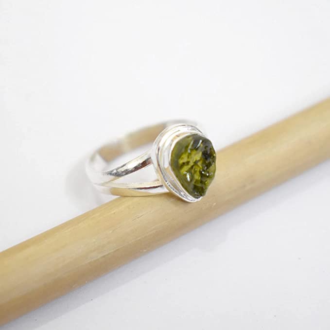 Silver Plated Ring, Moldavite Ring, Brass Ring, Czechoslovakia Ring, Moldau River Ring, meteorite Ring, healing crystal ring jewellery, silver plated (7 US)