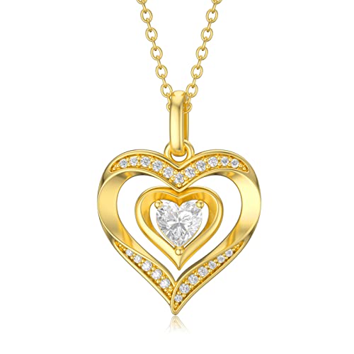 14K Solid Gold Heart Necklace for Women, "Forever Love In My Heart" Real Yellow Gold Love Heart Pendant Delicate Jewelry Gifts for Mom, Wife, 16-18 inch