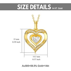 14K Solid Gold Heart Necklace for Women, "Forever Love In My Heart" Real Yellow Gold Love Heart Pendant Delicate Jewelry Gifts for Mom, Wife, 16-18 inch