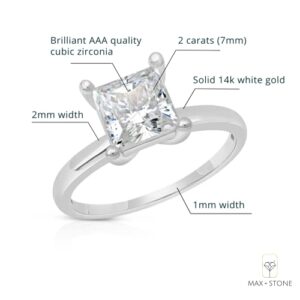 MAX + STONE 2 Carat Princess Cut Cubic Zirconia Solitaire Engagement Ring for Women | 14k Gold Engagement Ring | Simulated Diamond Ring | White Gold CZ Engagement Ring Size 6