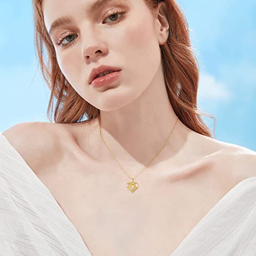 14K Solid Gold Heart Necklace for Women, "Forever Love In My Heart" Real Yellow Gold Love Heart Pendant Delicate Jewelry Gifts for Mom, Wife, 16-18 inch