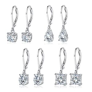 mdfun 18k white gold plated round princess cut clear cubic zirconia tear drop dangle earrings for women hypoallergenic 4 pairs