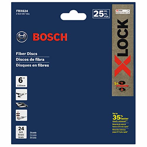 BOSCH FBX624 25-Pack 6 In. X-LOCK Coarse Grit Abrasive Fiber Discs 24 Grit Compatible with 7/8 In. Arbor for Applications in Metal Surface Finishing, Weld Blending, Rust Removal