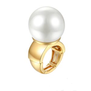 women's statement adjustable pearl ring hip hop gold stretch beaded finger ring costume cocktail disco party jewelry (white)