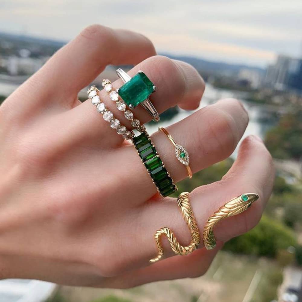 Jumwrit Bohemian Knuckle Finger Rings for Women Gold Snake Evil Eye Rhinestone Rings Green Emerald Stackable Rings for Teens Girls （6 PCS）