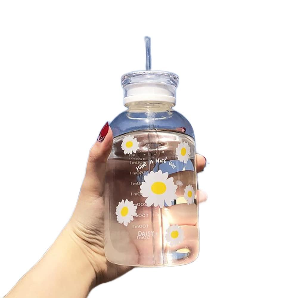 JZSMY 480ml Milk Juice Cute Water Bottle with Scale 2 Lids Little daisy Matte Portable Transparent Water Cup Glass Bottles Creative Handy Cup (Transparent 6 flowers)