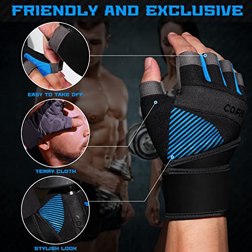 COFIT Breathable Workout Gloves, Antislip Weight Lifting Gym Gloves for Men Women with Wrist Wrap Support, Superior Grip & Palm Protection for Weightlifting, Fitness, Exercise, Training - Blue M