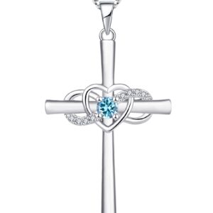 YL Women's Cross Necklace Sterling Silver Infinity Heart Crucifix Pendant Created Aquamarine Criss Jewelry