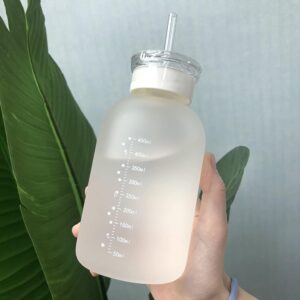 JZSMY 480ml Milk Juice Cute Water Bottle with Scale 2 Lids Little daisy Matte Portable Transparent Water Cup Glass Bottles Creative Handy Cup (Transparent 6 flowers)