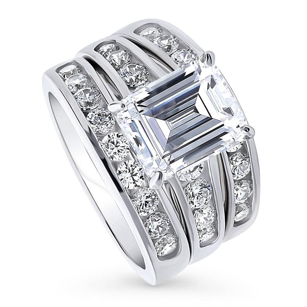 BERRICLE Sterling Silver Solitaire Wedding Engagement Rings 3.8 Carat Emerald Cut Cubic Zirconia CZ Statement Ring Set for Women, Rhodium Plated Size 5