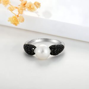 JO WISDOM Pearl Ring,925 Sterling Silver Black Cubic Zirconia Women's Rings with 8mm White Freshwater Cultured Pearl Ring size 8