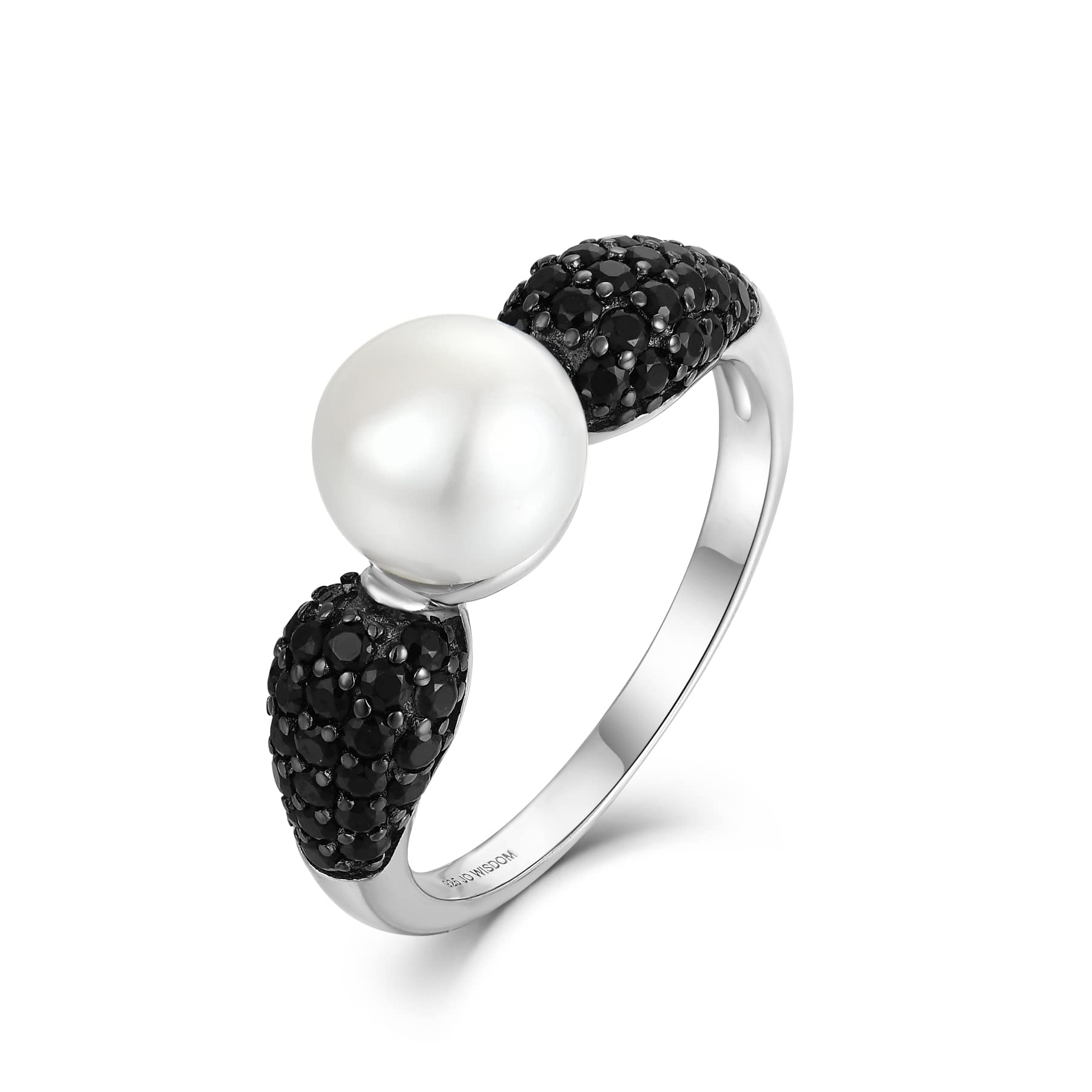 JO WISDOM Pearl Ring,925 Sterling Silver Black Cubic Zirconia Women's Rings with 8mm White Freshwater Cultured Pearl Ring size 8