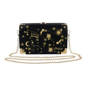 Oweisong Women Velvet Box Shape Evening Handbag Party Embroidery Star Moon Clutch Bag Elegant Crossbody Shoulder Purse