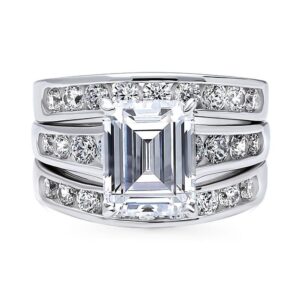 BERRICLE Sterling Silver Solitaire Wedding Engagement Rings 3.8 Carat Emerald Cut Cubic Zirconia CZ Statement Ring Set for Women, Rhodium Plated Size 5