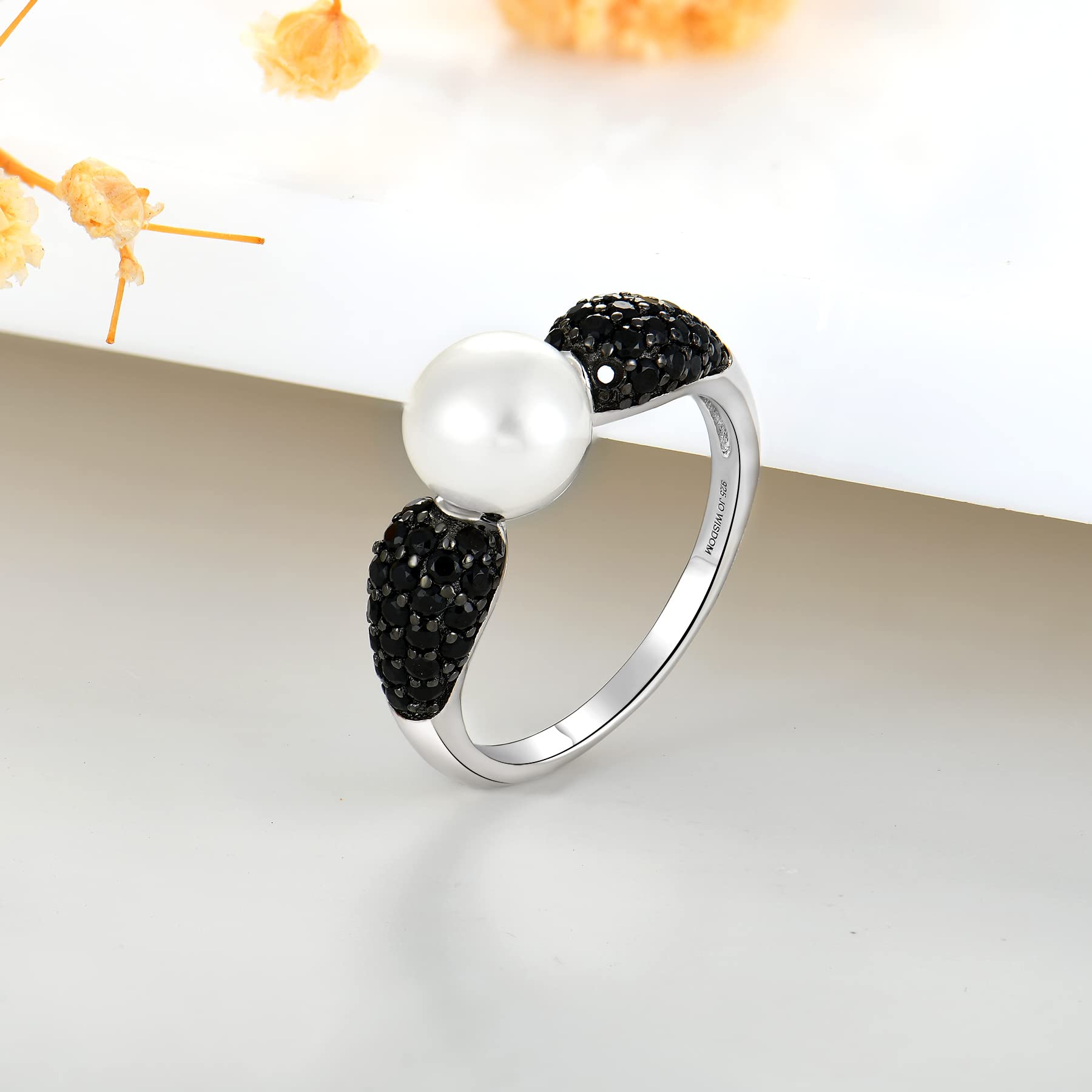 JO WISDOM Pearl Ring,925 Sterling Silver Black Cubic Zirconia Women's Rings with 8mm White Freshwater Cultured Pearl Ring size 8