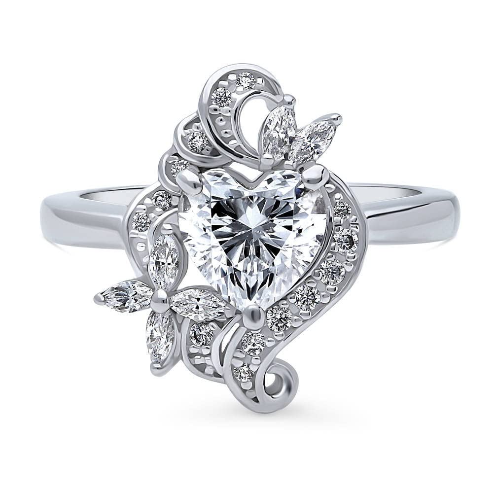 BERRICLE Sterling Silver Heart Cubic Zirconia CZ Flower Fashion Ring for Women, Rhodium Plated Size 7