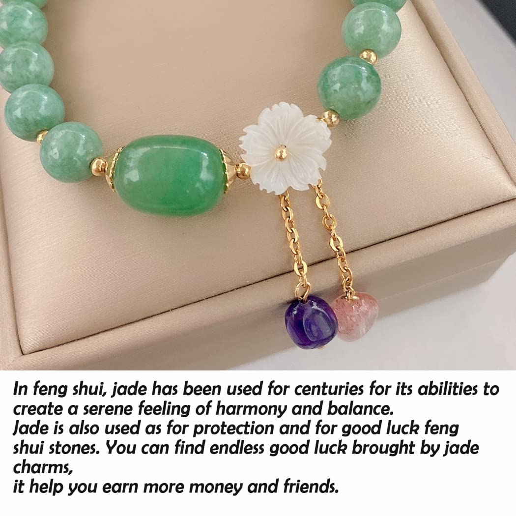 Feng Shui Jade Wealth Bracelet Authentic Jade Lotus 14K Gold Jewelry Healing Chakra Meditation Crystal Amulet Lucky Wealth Ward Off Evil Spirits Bracelet Gifts for Women Men