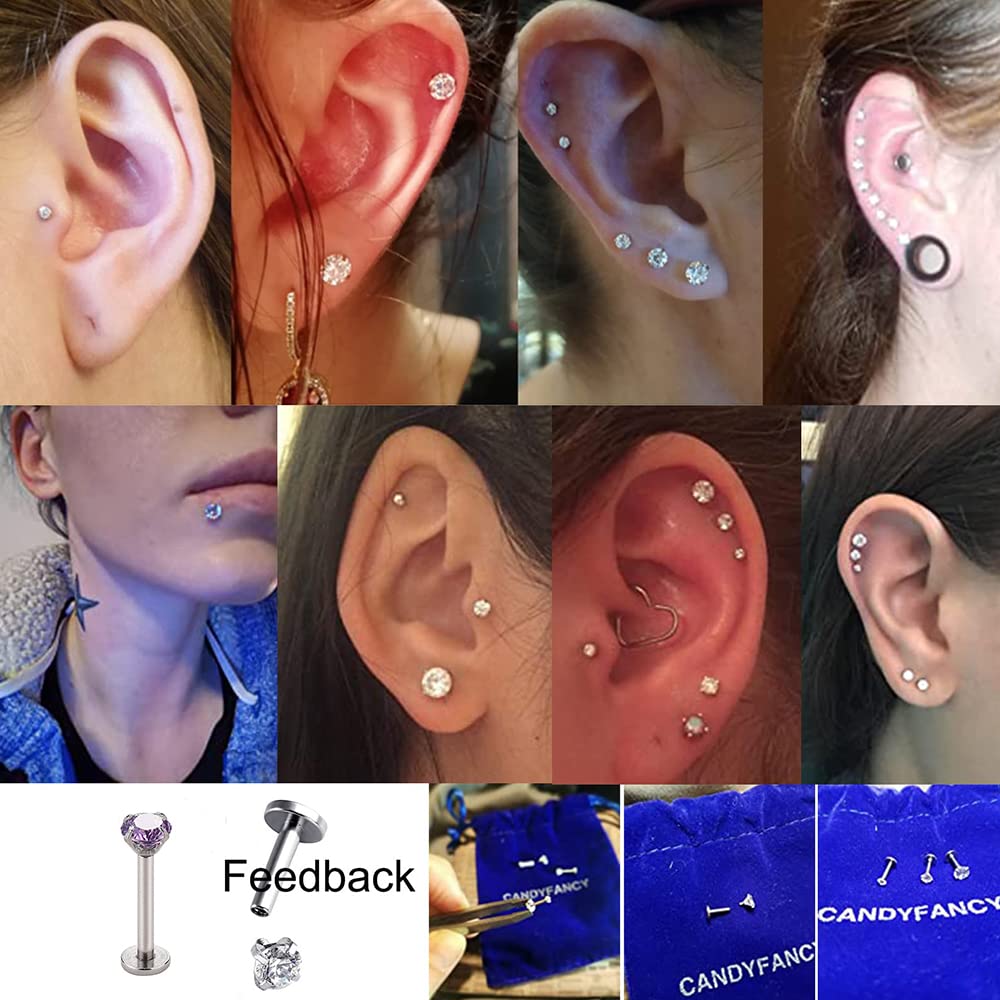 CANDYFANCY 16g Flat Back Earrings 10mm Post 316L Surgical Steel Bar 2mm 3mm 4mm CZ Stud Earrings Set Ear Lobe Rook Helix Conch Piercing Jewelry