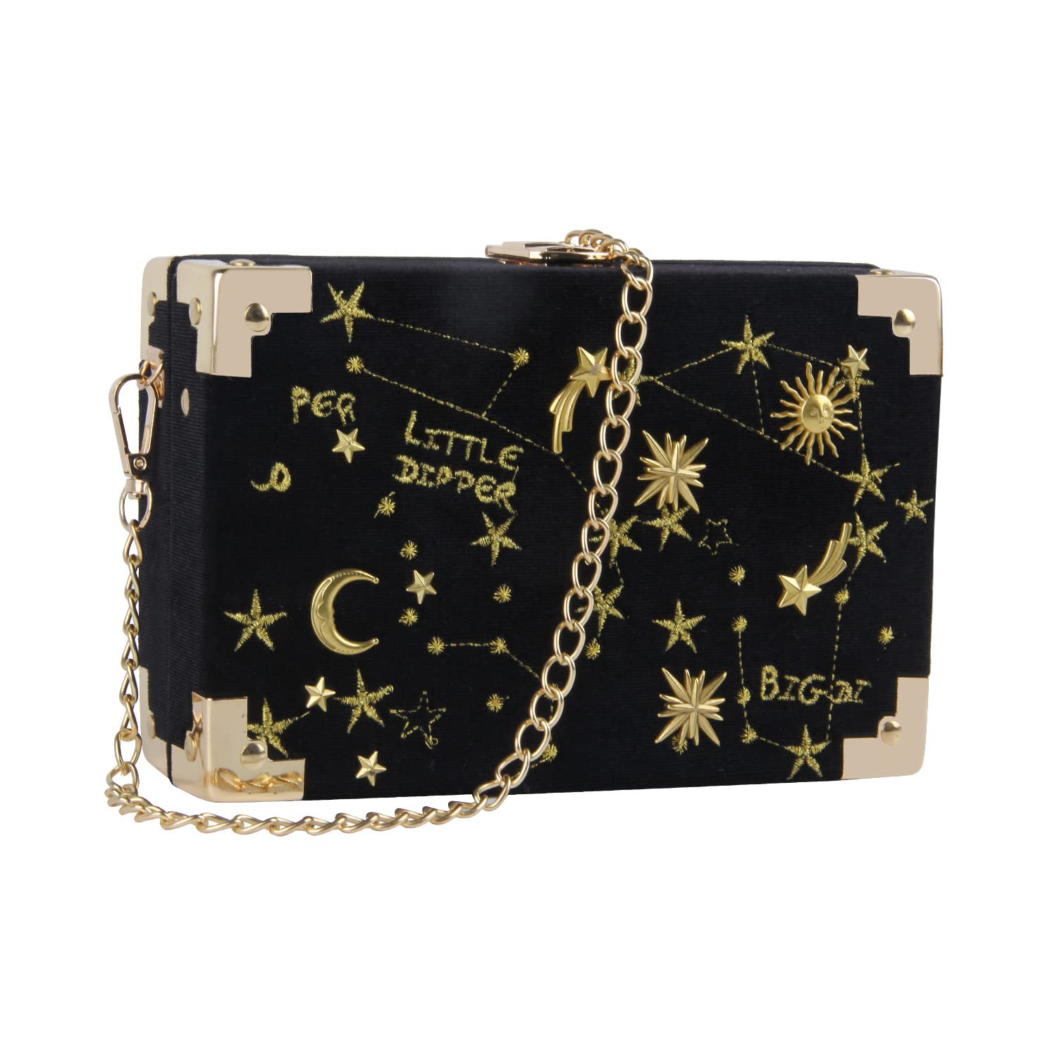 Oweisong Women Velvet Box Shape Evening Handbag Party Embroidery Star Moon Clutch Bag Elegant Crossbody Shoulder Purse