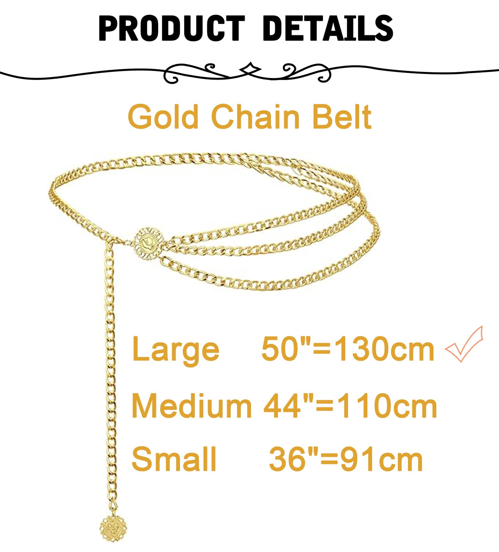 MODRSA Chain Belt Chain Gold Chain Belt for Women Plus Size Gold Waist Chain Belt Layered Womens Belts for Dress Gasparilla 0utfit Women Pirate Accessories 50" 130cm Long