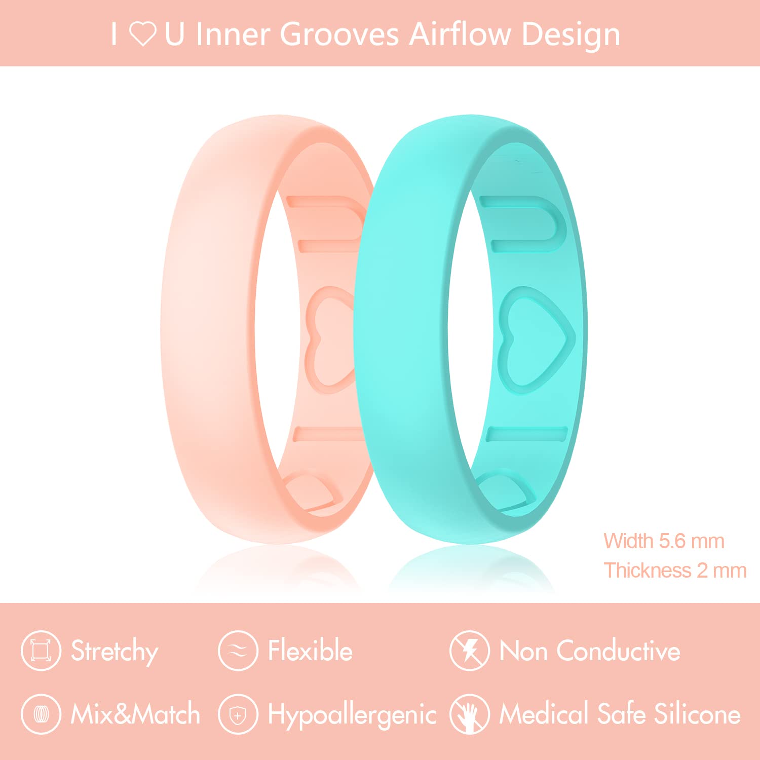 Silicone Ring Women - Heart [I Love U] Pattern Airflow Flow Grooves Breathable Rubber Wedding Bands for Women - 8 Rings / 4 Rings