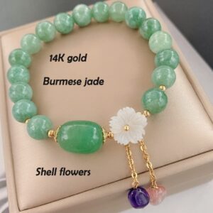 Feng Shui Jade Wealth Bracelet Authentic Jade Lotus 14K Gold Jewelry Healing Chakra Meditation Crystal Amulet Lucky Wealth Ward Off Evil Spirits Bracelet Gifts for Women Men