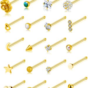 Tornito 20G 20Pcs Nose Ring CZ Nose Stud Retainer L Bone Screw Shaped Nose Piercing Jewelry Set for Women Men Stainless Steel Rose Gold Tone (D:20Pcs,Bone Shaped, Gold Tone)