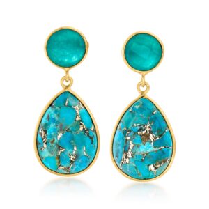 ross-simons turquoise and 3.60 ct. t.w. green quartz drop earrings in 18kt gold over sterling