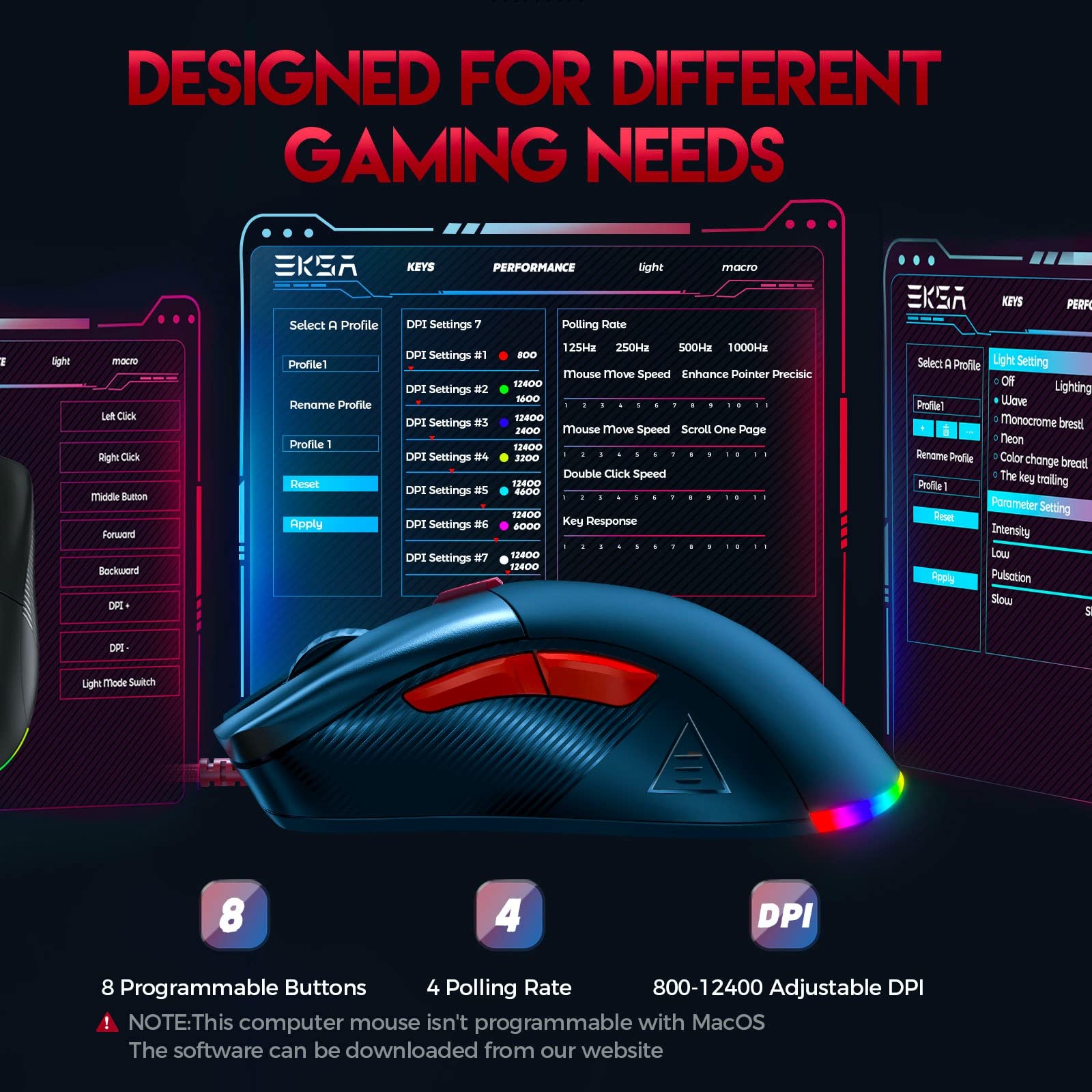 EKSA Gaming Mouse, 16000 DPI Optical Sensor, 8 Programmable Buttons, RGB Wired Gaming Mouse, FPS/MOBA Lightweight Mouse Gaming for Windows PC/Mac Computer