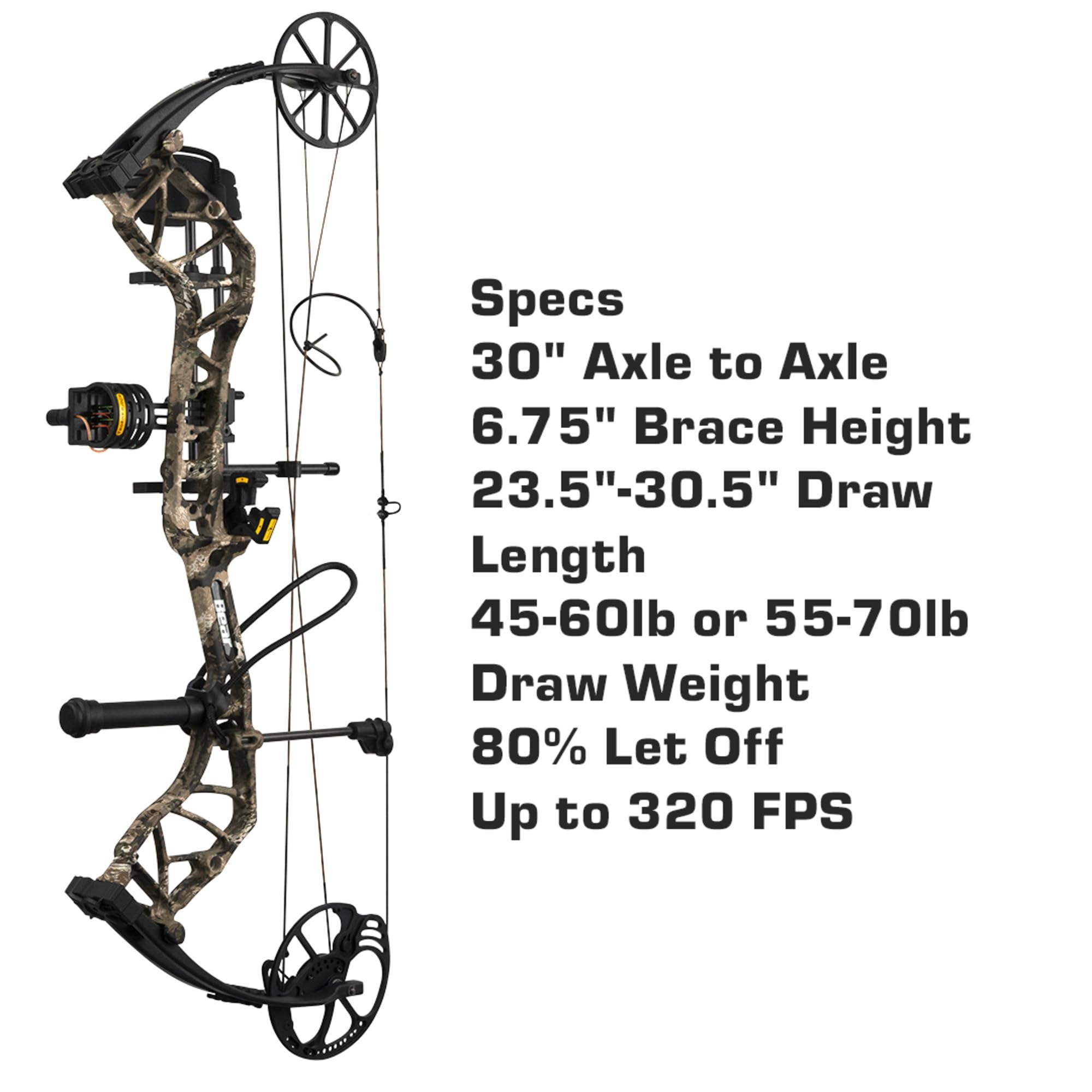 Bear Archery Species EV Ready to Hunt Adult Compound Bow Package, 70 lb. Draw Weight, Right Hand, True Timber Strata