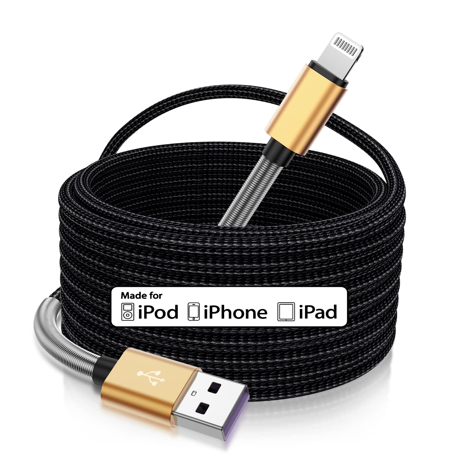 Cabepow 15 FT Extra Long iPhone Charger Cord,[Apple MFi Certified] iPhone Charging Cable,2.4A Nylon Braided Lightning Cable for iPhone 14 13 12 11 Pro Max/11 Pro/XS Max/XS/XR/X/8 Plus/8/7/6/5-Gold