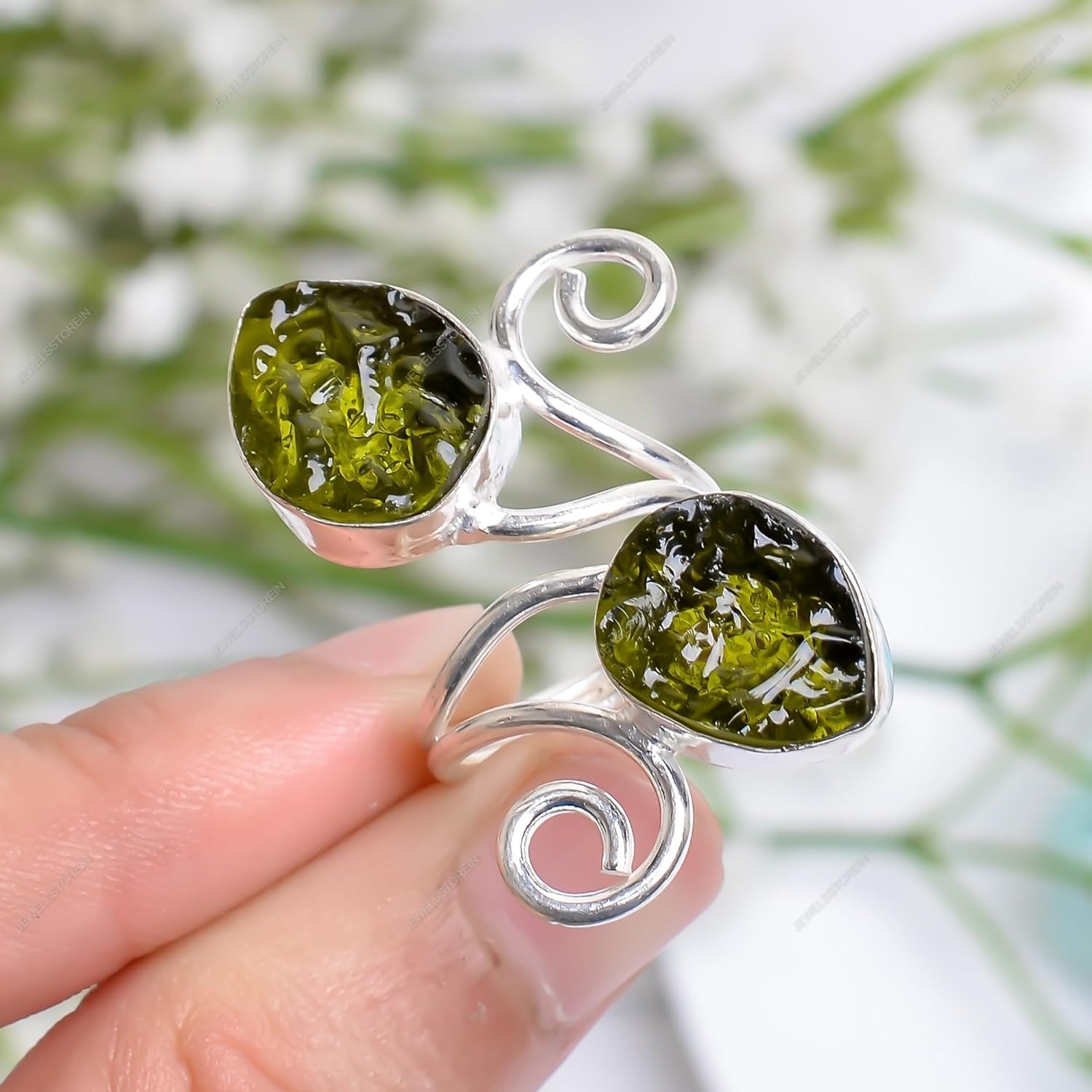 Branch Ring, Moldavite raw Ring, Reiki Healing ring, Psychic protection ring, Silver Plated Ring, Moldavite Ring, Brass Ring, Czechoslovakia Ring (7 US)