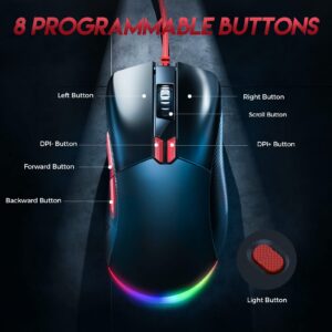 EKSA Gaming Mouse, 16000 DPI Optical Sensor, 8 Programmable Buttons, RGB Wired Gaming Mouse, FPS/MOBA Lightweight Mouse Gaming for Windows PC/Mac Computer