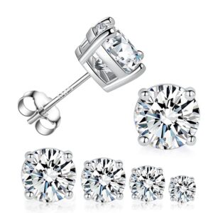 4 Pairs 925 Sterling Silver Round Stud Earring Set, 18K White Gold Plated Round Cut Clear Cubic Zirconia Hypoallergenic Earrings Pack for Women and Men