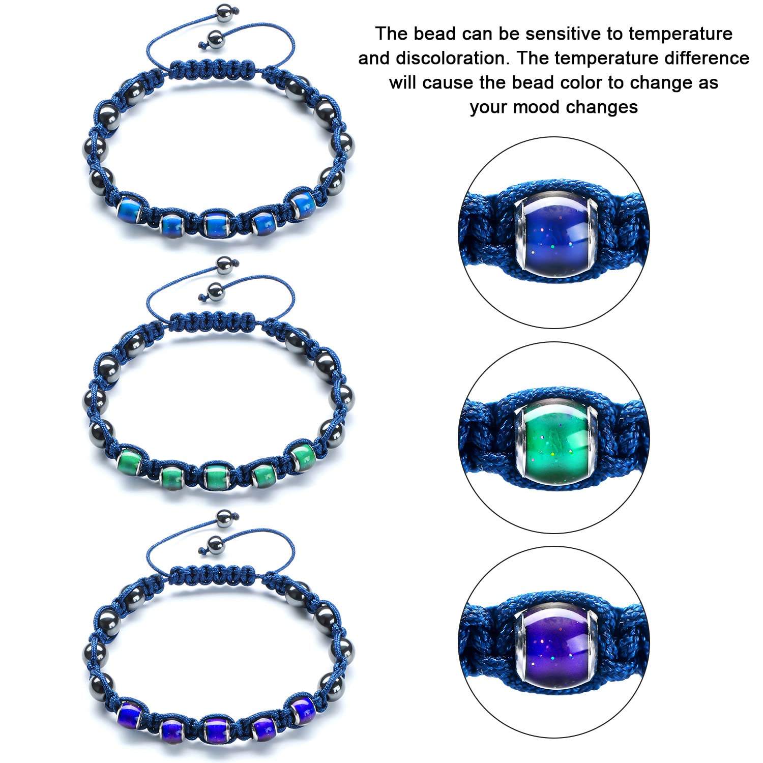 Hicarer Adjustable Mood Bracelet for Women 2 Pieces Dazzling Shimmer Color Changing Beads Based on Emotions Thermochromic Bead Bracelets Christmas Gift for Adult(Blue Rope)