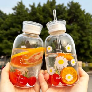 JZSMY 480ml Milk Juice Cute Water Bottle with Scale 2 Lids Little daisy Matte Portable Transparent Water Cup Glass Bottles Creative Handy Cup (Transparent 6 flowers)