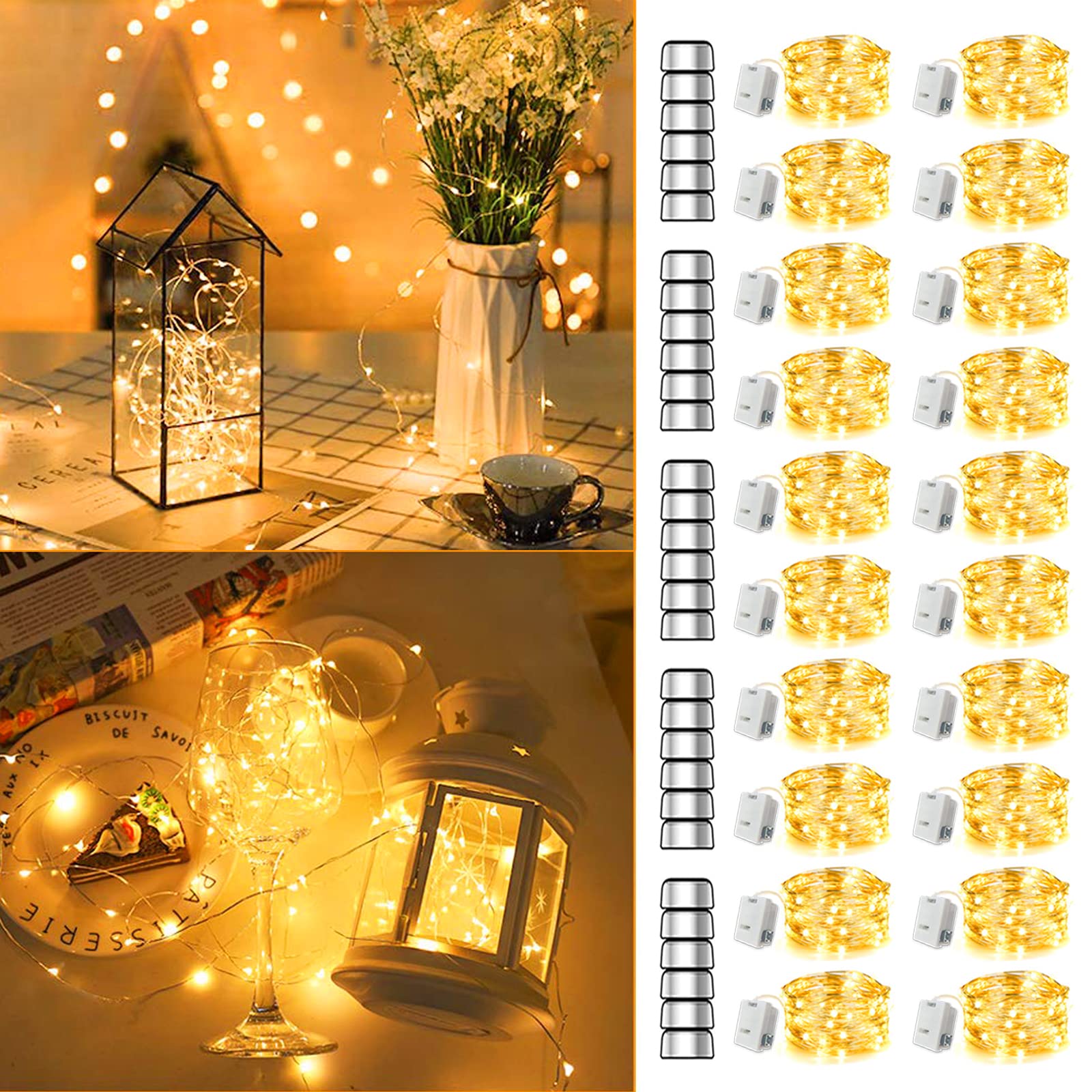 MUMUXI LED Fairy Lights Battery Operated String Lights [20 Pack], 7.2ft 20 Mini LED Lights Battery Powered White Twinkle Lights | Waterproof Copper Wire Lights Firefly Lights Mason Jars, Warm White