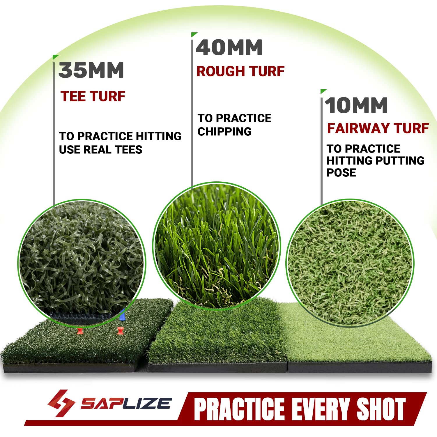 SAPLIZE 30"x15" Foldable 3-in-1 Golf Hitting Mat, Tight Lie, Rough and Fairway for Driving, Chipping, and Putting Training, Portable Golf Practice Tri-Turf Grass Mat