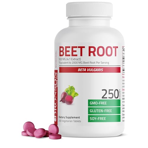 Bronson Beet Root Extra Strength (Equivalent to 2000mg Beet Root per Serving from 500mg 4:1 Extract), Non-GMO, 250 Vegetarian Tablets