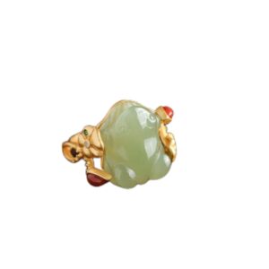 caomian designer original new natural hetian jade frog gilt lotus leaf opening adjustable ring personality trend fashion ladies jewelry (gem color : green, ring size : resizable)