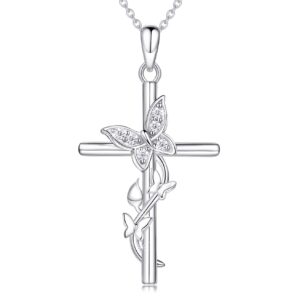 ASHLI JENA Cross Necklace for Women Faith Love 925 Sterling Silver Butterfly CZ Diamond Pendant Necklaces Jewelry for Women Mom Wife