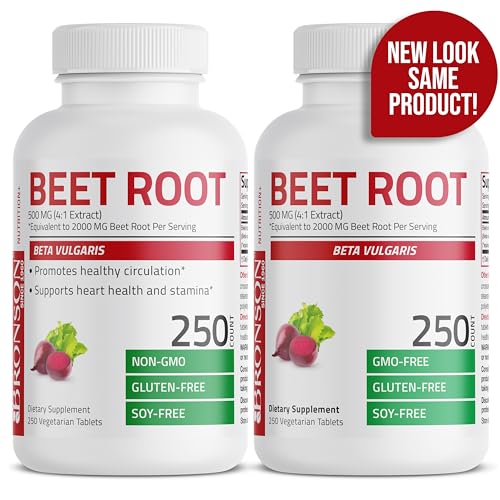 Bronson Beet Root Extra Strength (Equivalent to 2000mg Beet Root per Serving from 500mg 4:1 Extract), Non-GMO, 250 Vegetarian Tablets