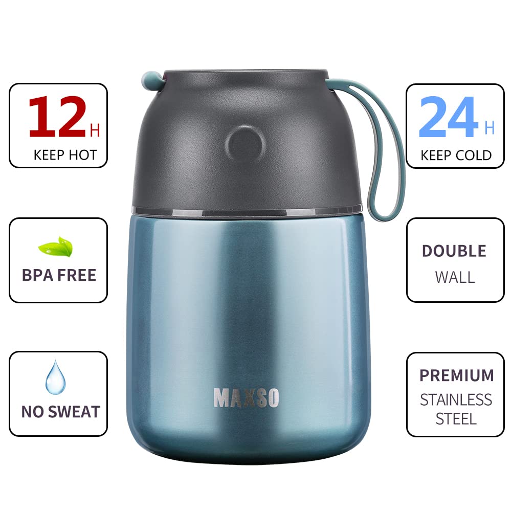 MAXSO Soup Thermo for Hot & Cold Food for Adults Kids, 17 oz Vacuum Insulated Steel Lunch Container Bento Box with Spoon, Leakproof Thermal Food Jar for School Office Travel - Shinny Blue