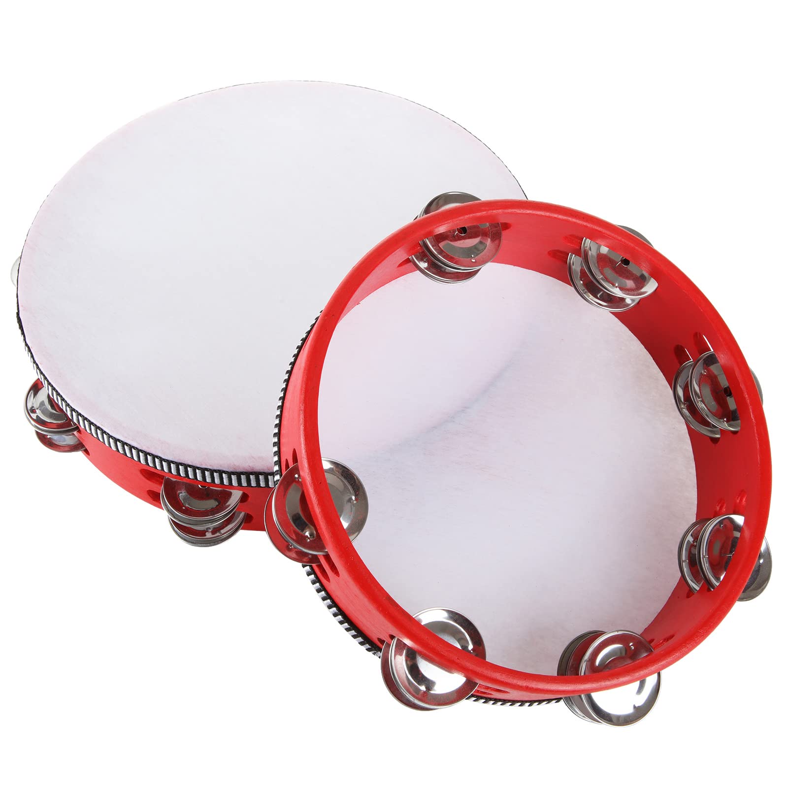 2 Pack Tambourine 8 & 10 Inch Tambourine Drum for Adults, Double Row Metal Jingle Bells Wood Handheld Tambourines Musical Percussion Instrument for Party, KTV, Church, Red